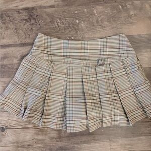 Altar'd State Tan and Cream Plaid Pleated Mini Skort